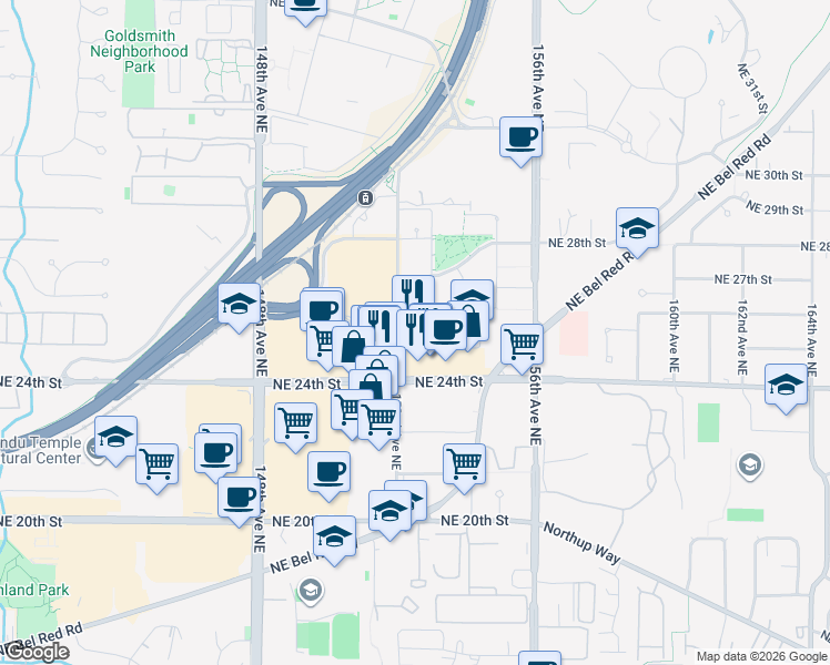 map of restaurants, bars, coffee shops, grocery stores, and more near 2560 152nd Avenue Northeast in Redmond