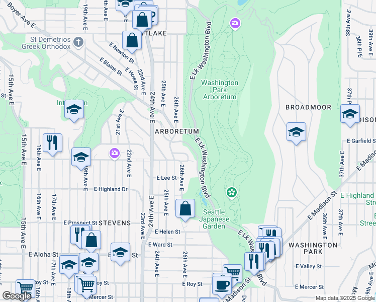 map of restaurants, bars, coffee shops, grocery stores, and more near 1508 Arboretum Place East in Seattle