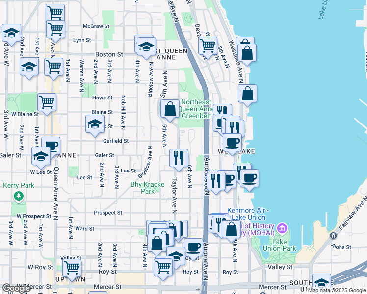map of restaurants, bars, coffee shops, grocery stores, and more near in Seattle