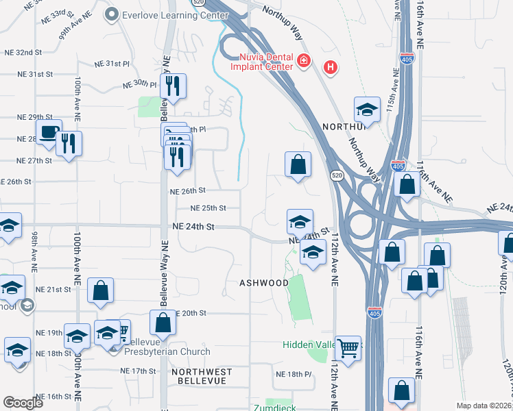 map of restaurants, bars, coffee shops, grocery stores, and more near 2471 109th Place Northeast in Bellevue