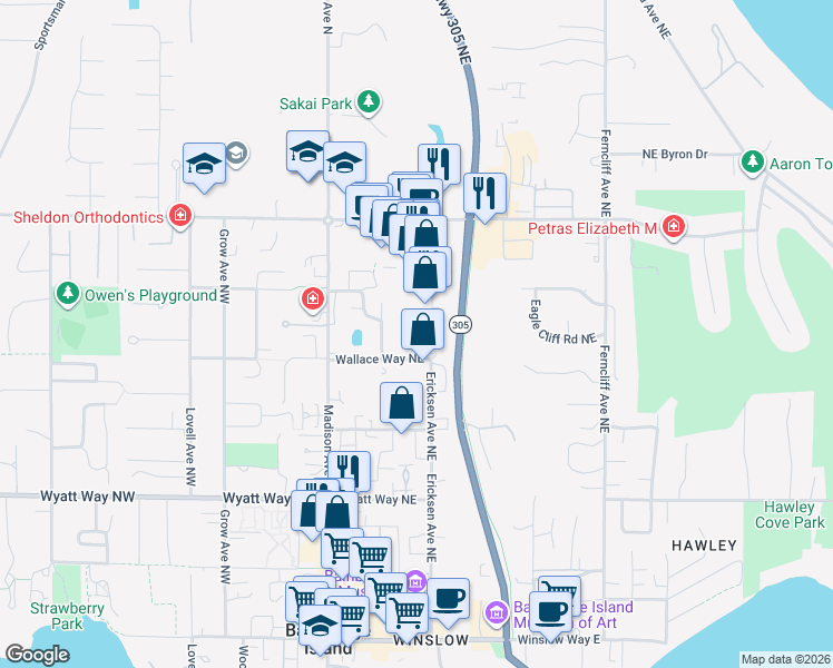 map of restaurants, bars, coffee shops, grocery stores, and more near 901 Hildebrand Lane Northeast in Bainbridge Island