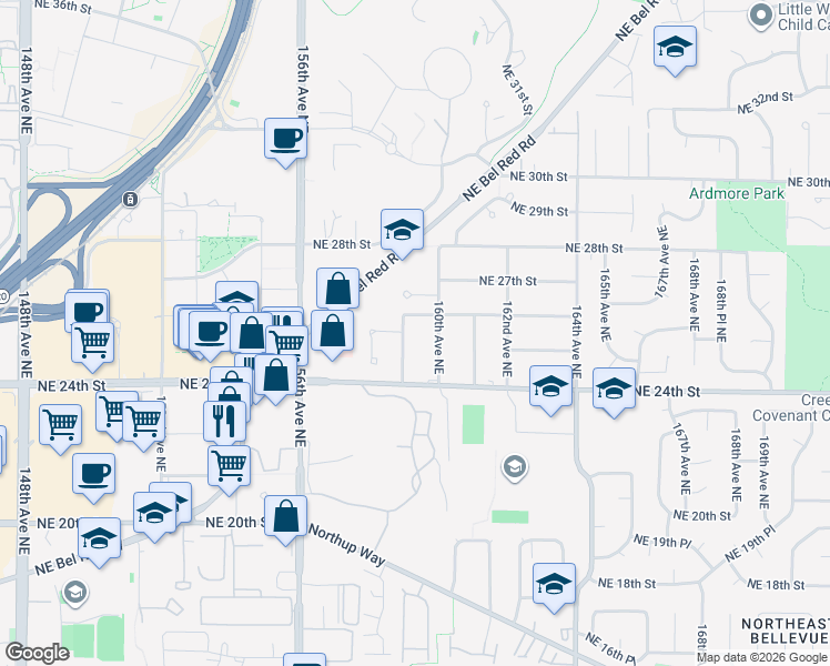 map of restaurants, bars, coffee shops, grocery stores, and more near 2442 159th Avenue Northeast in Bellevue