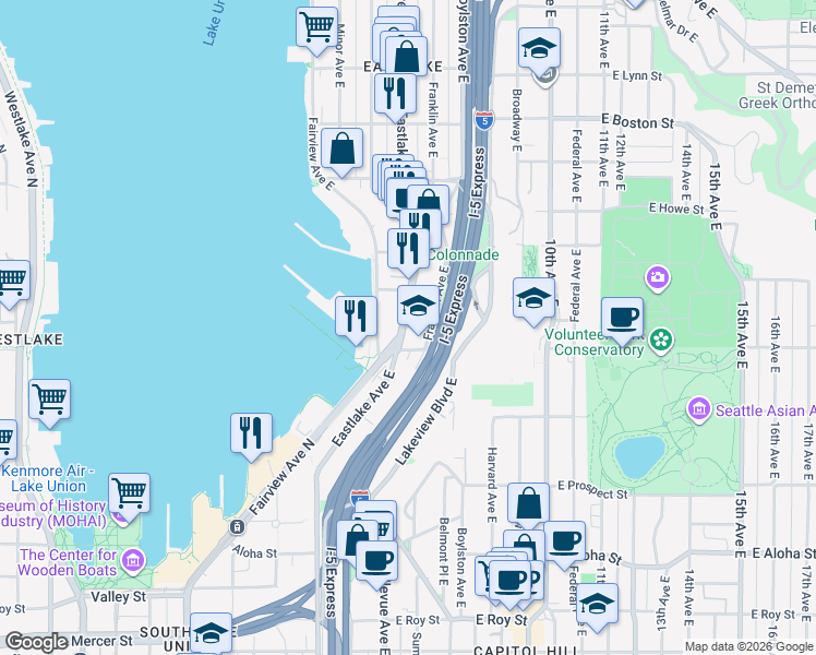 map of restaurants, bars, coffee shops, grocery stores, and more near 1520 Eastlake Avenue East in Seattle