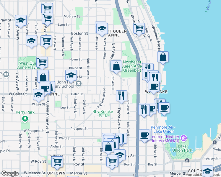 map of restaurants, bars, coffee shops, grocery stores, and more near in Seattle