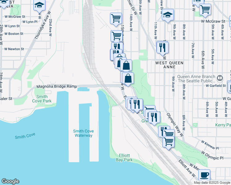 map of restaurants, bars, coffee shops, grocery stores, and more near 1280 16th Ave W in Seattle