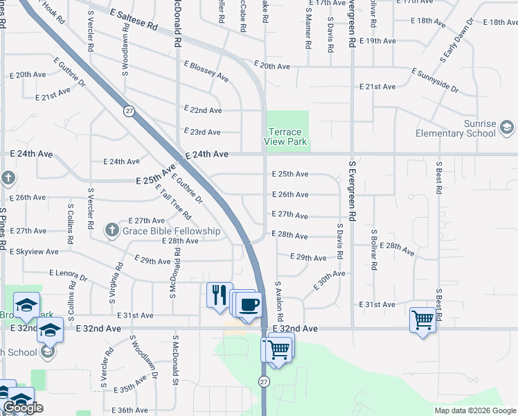 map of restaurants, bars, coffee shops, grocery stores, and more near 13502 East 27th Avenue in Spokane Valley