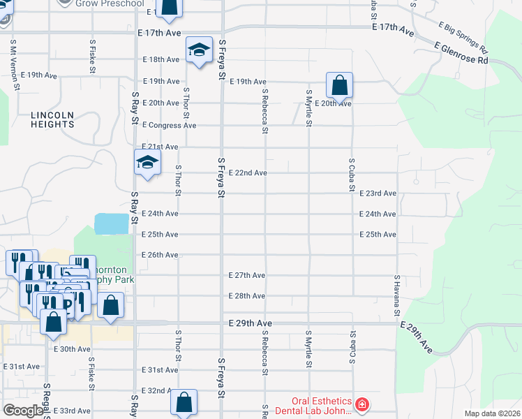 map of restaurants, bars, coffee shops, grocery stores, and more near 3724 East 24th Avenue in Spokane