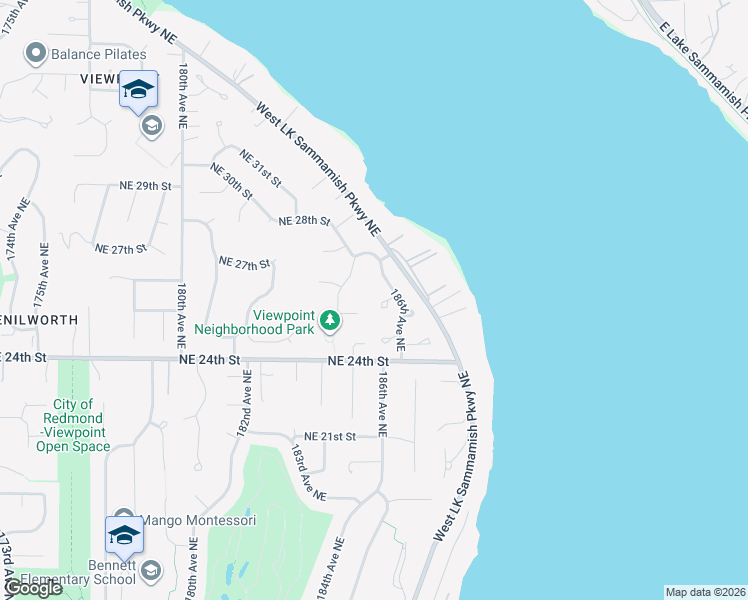map of restaurants, bars, coffee shops, grocery stores, and more near 18527 Northeast 25th Way in Redmond