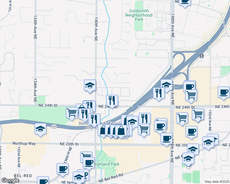 map of restaurants, bars, coffee shops, grocery stores, and more near 14 Northeast 25th Street in Bellevue
