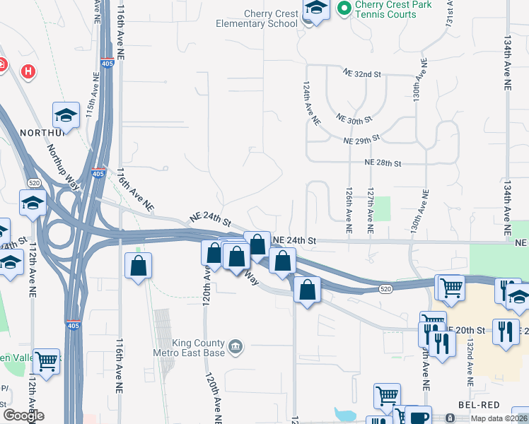 map of restaurants, bars, coffee shops, grocery stores, and more near 12220 Northeast 24th Street in Bellevue