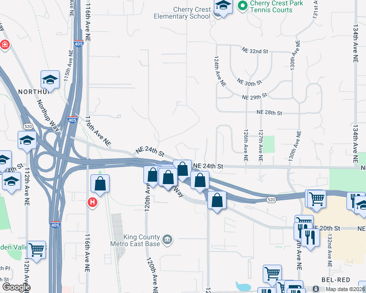map of restaurants, bars, coffee shops, grocery stores, and more near 12140 Northeast 24th Street in Bellevue
