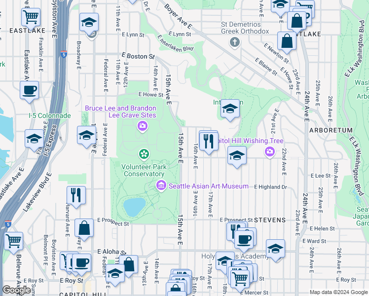 map of restaurants, bars, coffee shops, grocery stores, and more near 1505 16th Avenue East in Seattle
