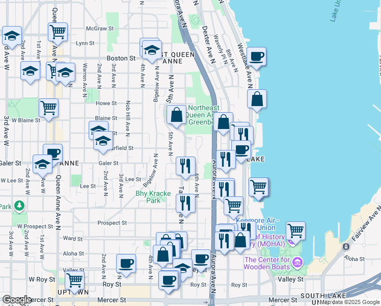 map of restaurants, bars, coffee shops, grocery stores, and more near in Seattle