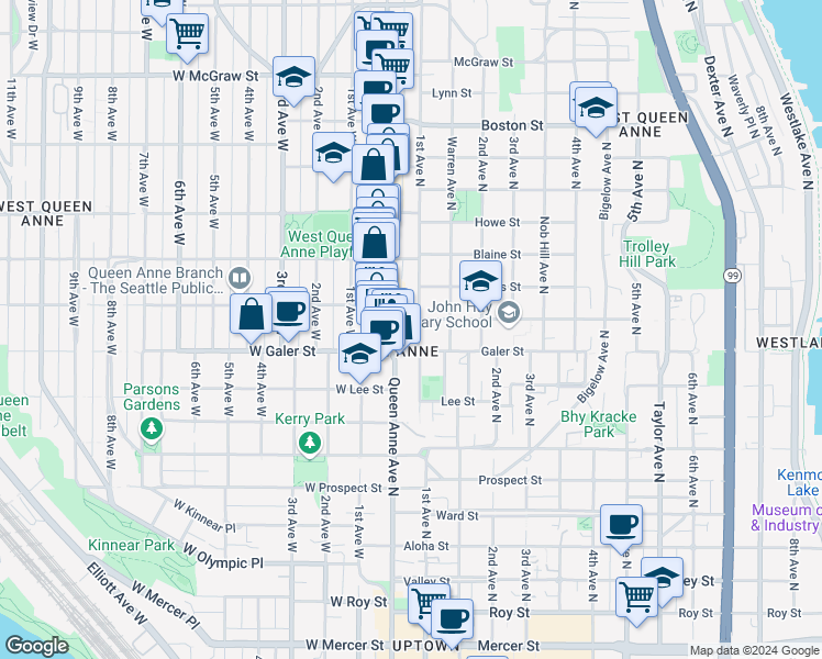 map of restaurants, bars, coffee shops, grocery stores, and more near in Seattle
