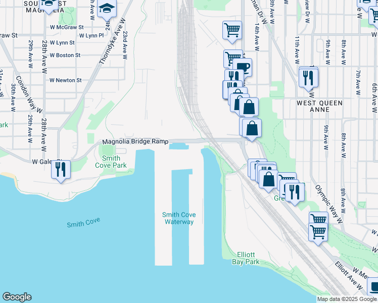 map of restaurants, bars, coffee shops, grocery stores, and more near Unnamed Road in Seattle