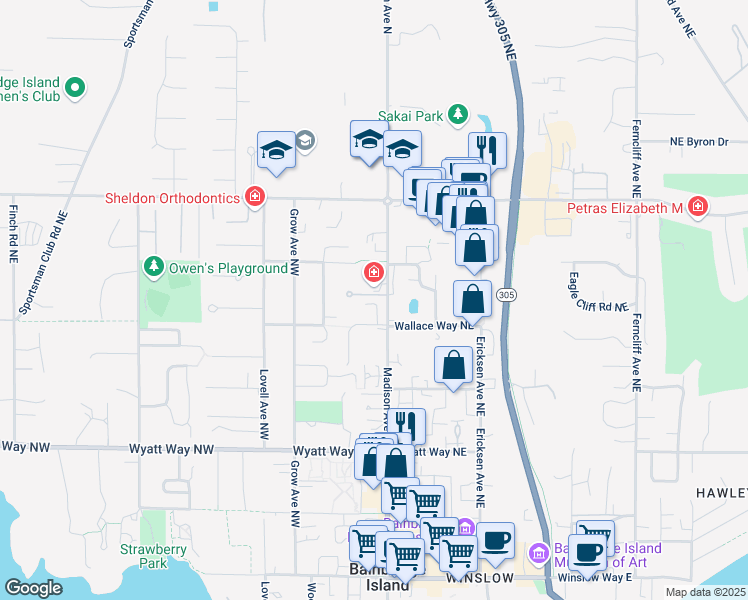 map of restaurants, bars, coffee shops, grocery stores, and more near 937 Madison Avenue North in Bainbridge Island