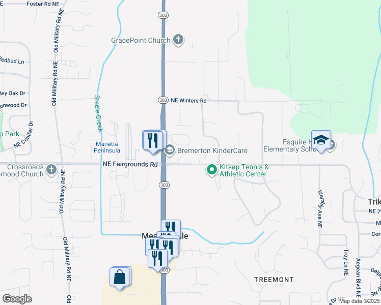 map of restaurants, bars, coffee shops, grocery stores, and more near 7602 Concord Lane Northeast in Bremerton