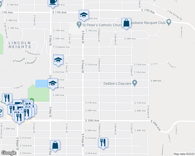 map of restaurants, bars, coffee shops, grocery stores, and more near 3727 East 24th Avenue in Spokane