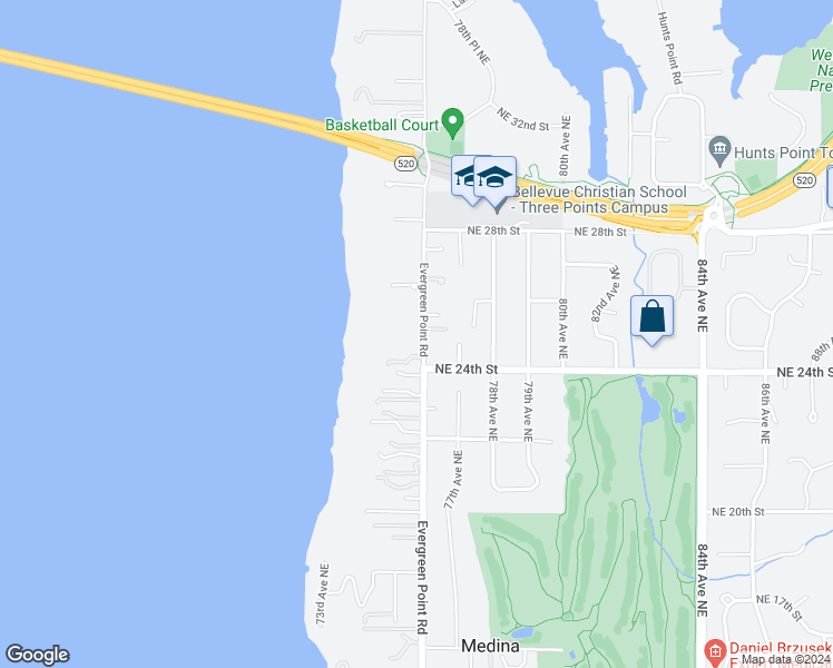 map of restaurants, bars, coffee shops, grocery stores, and more near 2431 Evergreen Point Road in Medina