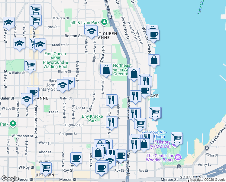 map of restaurants, bars, coffee shops, grocery stores, and more near in Seattle