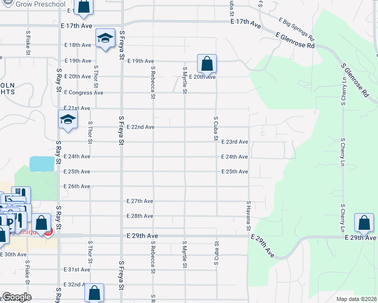 map of restaurants, bars, coffee shops, grocery stores, and more near 3928 East 24th Avenue in Spokane