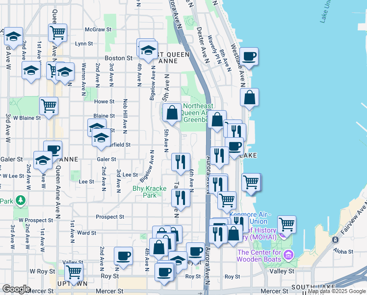 map of restaurants, bars, coffee shops, grocery stores, and more near in Seattle
