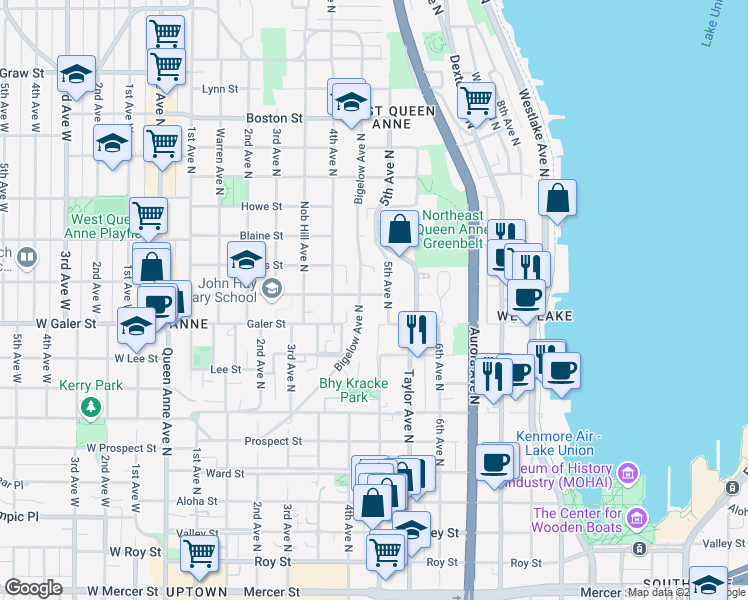 map of restaurants, bars, coffee shops, grocery stores, and more near in Seattle
