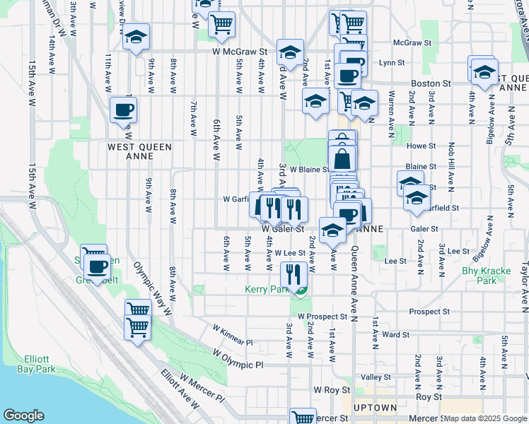 map of restaurants, bars, coffee shops, grocery stores, and more near 402 West Galer Street in Seattle