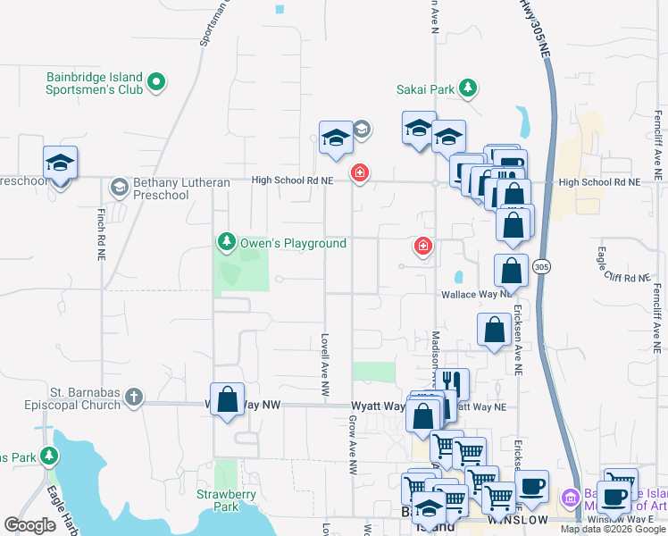 map of restaurants, bars, coffee shops, grocery stores, and more near 950 Lovell Avenue Northwest in Bainbridge Island