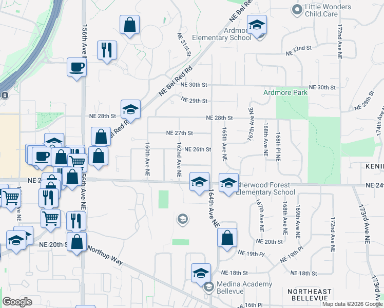 map of restaurants, bars, coffee shops, grocery stores, and more near 16223 Northeast 26th Street in Bellevue