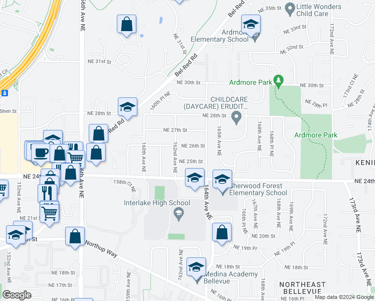 map of restaurants, bars, coffee shops, grocery stores, and more near 16223 Northeast 26th Street in Bellevue
