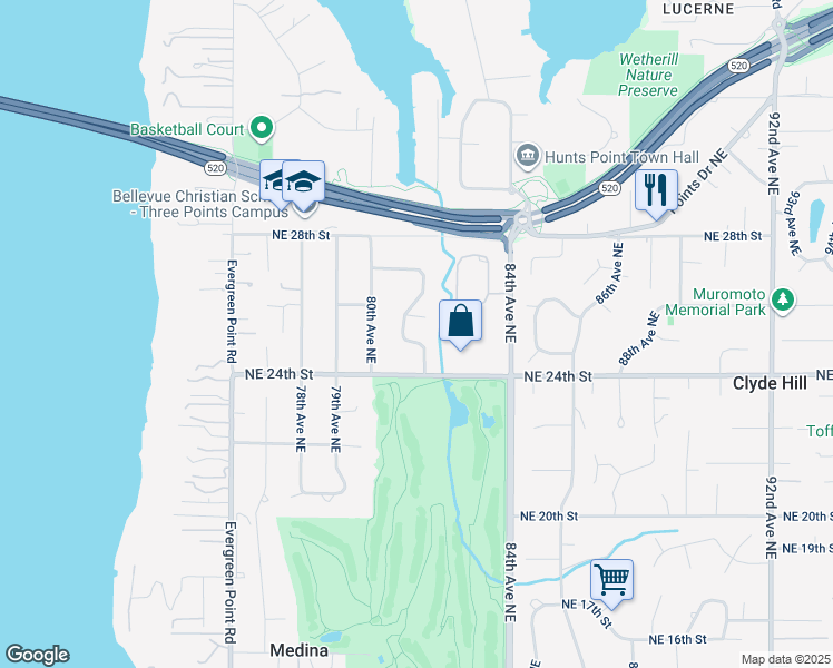 map of restaurants, bars, coffee shops, grocery stores, and more near 8240 Northeast 25th Street in Medina
