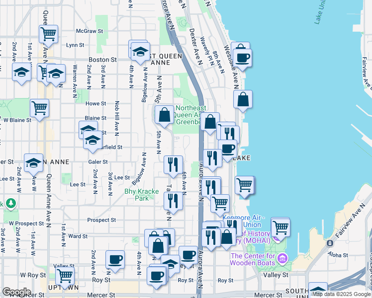map of restaurants, bars, coffee shops, grocery stores, and more near 602 Galer Street in Seattle