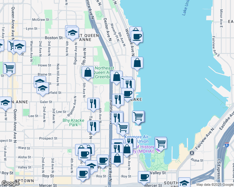 map of restaurants, bars, coffee shops, grocery stores, and more near in Seattle