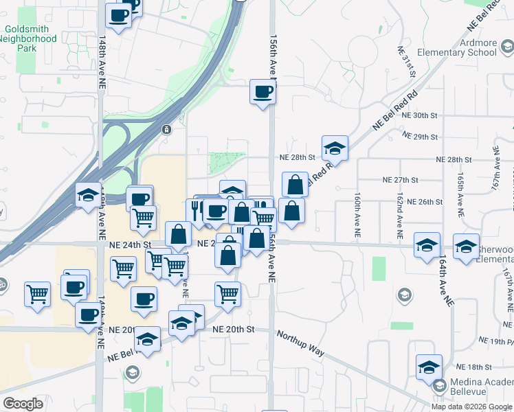 map of restaurants, bars, coffee shops, grocery stores, and more near 2444 Northeast Bel Red Road in Redmond