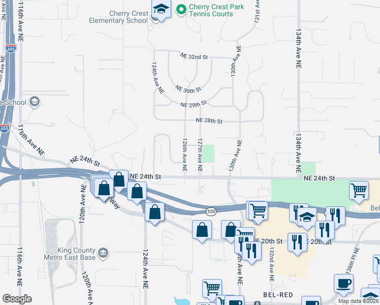 map of restaurants, bars, coffee shops, grocery stores, and more near 12523 Northeast 25th Street in Bellevue