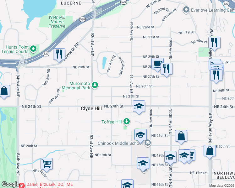 map of restaurants, bars, coffee shops, grocery stores, and more near 9433 Northeast 25th Street in Clyde Hill