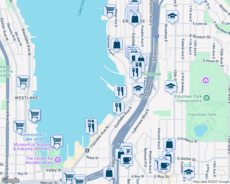 map of restaurants, bars, coffee shops, grocery stores, and more near 1325 Fairview Avenue East in Seattle
