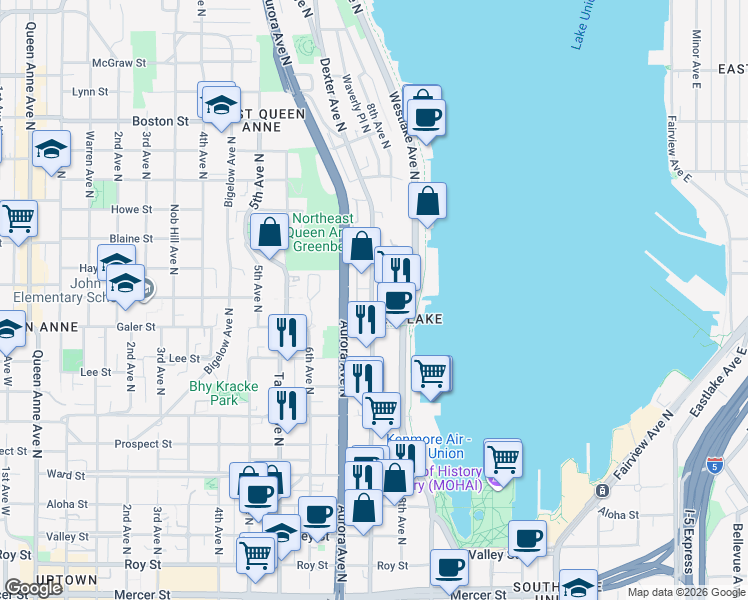 map of restaurants, bars, coffee shops, grocery stores, and more near in Seattle