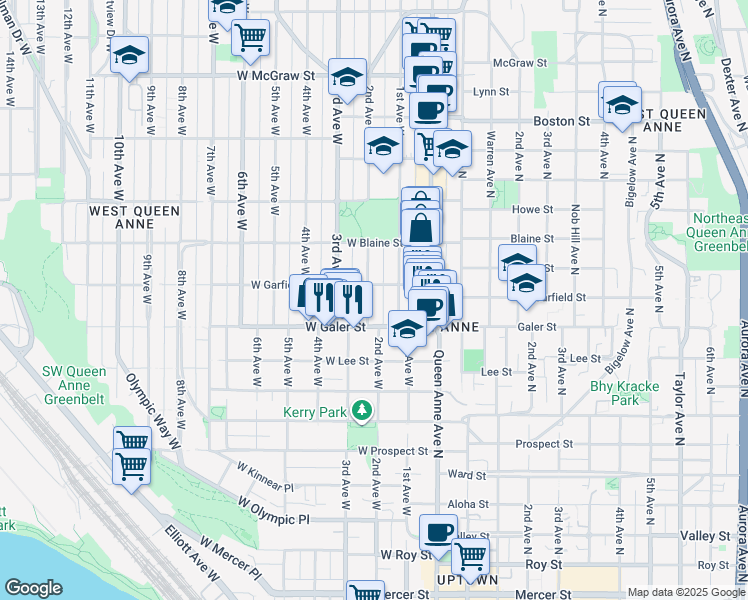 map of restaurants, bars, coffee shops, grocery stores, and more near 1500 2nd Avenue West in Seattle