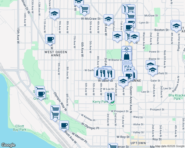map of restaurants, bars, coffee shops, grocery stores, and more near 1503 5th Avenue West in Seattle