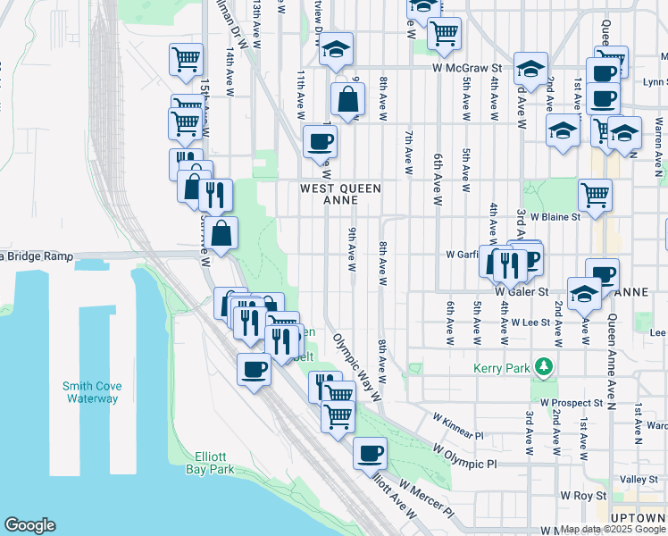 map of restaurants, bars, coffee shops, grocery stores, and more near 914 West Galer Street in Seattle