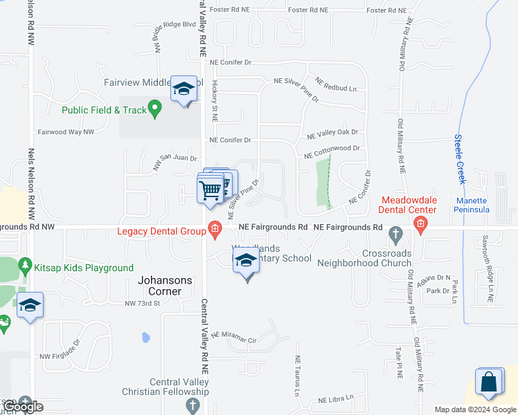 map of restaurants, bars, coffee shops, grocery stores, and more near 253 Northeast Fairgrounds Road in Bremerton