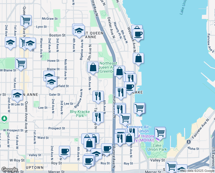 map of restaurants, bars, coffee shops, grocery stores, and more near 580 Galer Street in Seattle