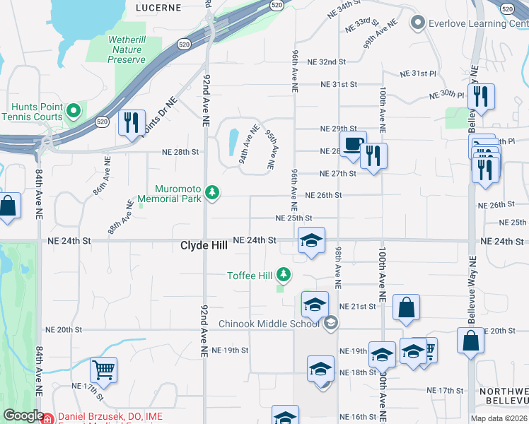 map of restaurants, bars, coffee shops, grocery stores, and more near 9433 Northeast 25th Street in Clyde Hill