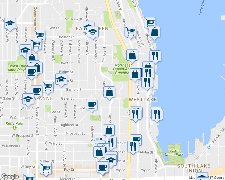 map of restaurants, bars, coffee shops, grocery stores, and more near 1599 Taylor Avenue North in Seattle