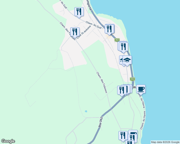 map of restaurants, bars, coffee shops, grocery stores, and more near 640 Chemin des Falaises in La Malbaie