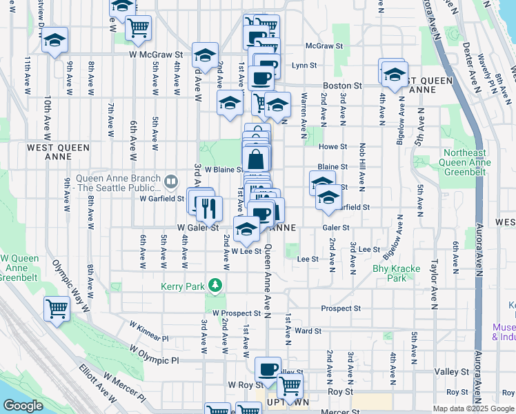 map of restaurants, bars, coffee shops, grocery stores, and more near 1525 Queen Anne Avenue North in Seattle