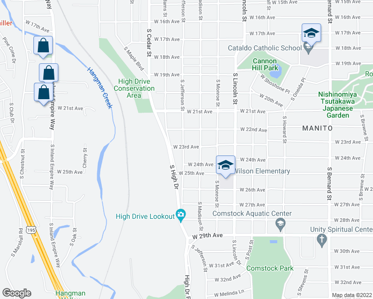 map of restaurants, bars, coffee shops, grocery stores, and more near 2303 South Jefferson Street in Spokane