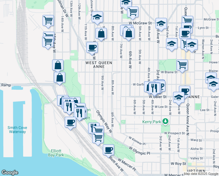 map of restaurants, bars, coffee shops, grocery stores, and more near 1529 8th Avenue West in Seattle